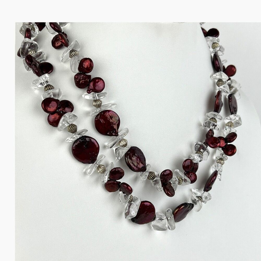 Beaded Quartz Necklace Artisan Boho Dyed Red Shell Double Strand Statement Vtg